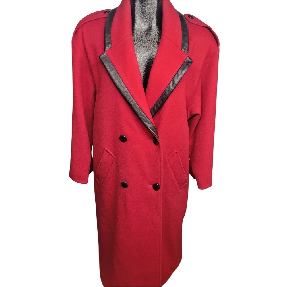 Vintage Red 100% Wool Double-Breasted Maxi Over Coat with Black Trim 6 - Picture 2 of 10